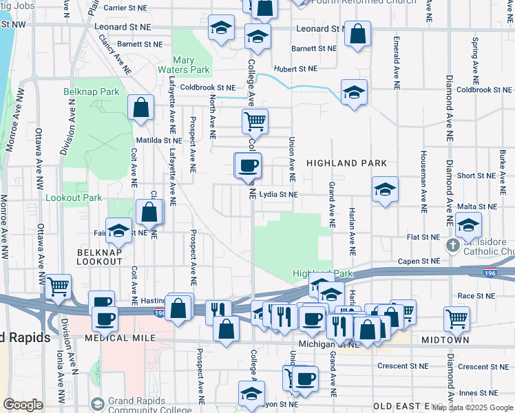 map of restaurants, bars, coffee shops, grocery stores, and more near 746 College Avenue Northeast in Grand Rapids