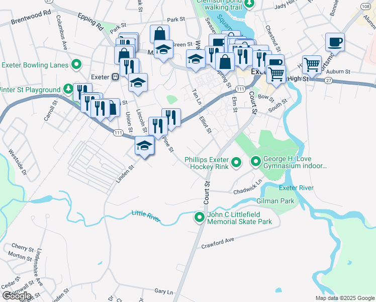 map of restaurants, bars, coffee shops, grocery stores, and more near 11 Alewife Court in Exeter