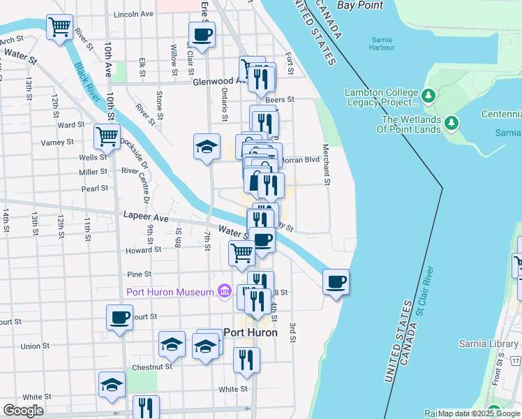 map of restaurants, bars, coffee shops, grocery stores, and more near 522 Quay Street in Port Huron