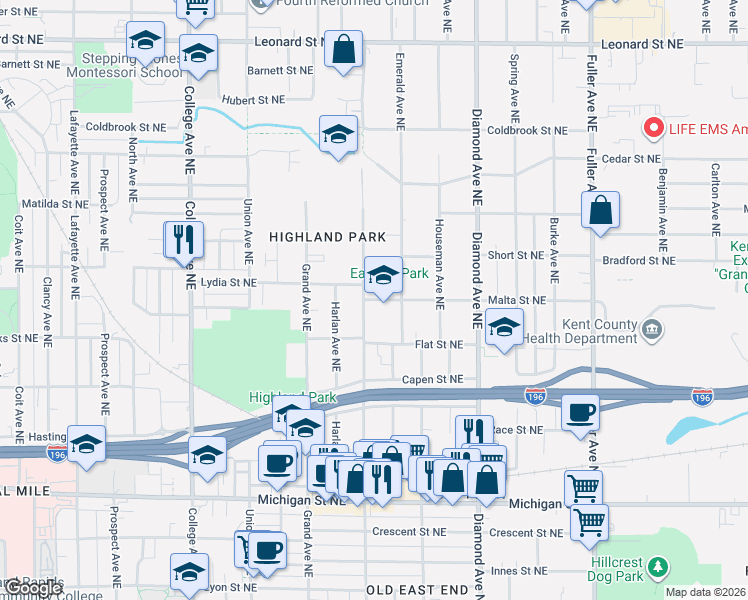 map of restaurants, bars, coffee shops, grocery stores, and more near 830 Malta Street Northeast in Grand Rapids