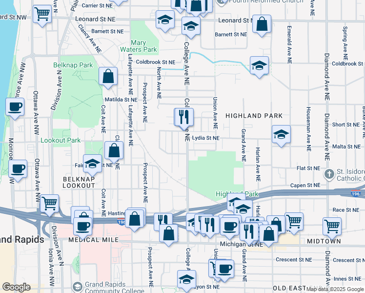 map of restaurants, bars, coffee shops, grocery stores, and more near 755 College Avenue Northeast in Grand Rapids