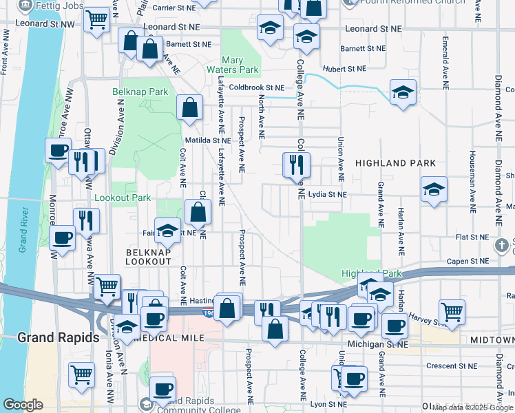 map of restaurants, bars, coffee shops, grocery stores, and more near 314 Bradford Street Northeast in Grand Rapids