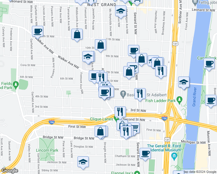 map of restaurants, bars, coffee shops, grocery stores, and more near 763 5th Street Northwest in Grand Rapids