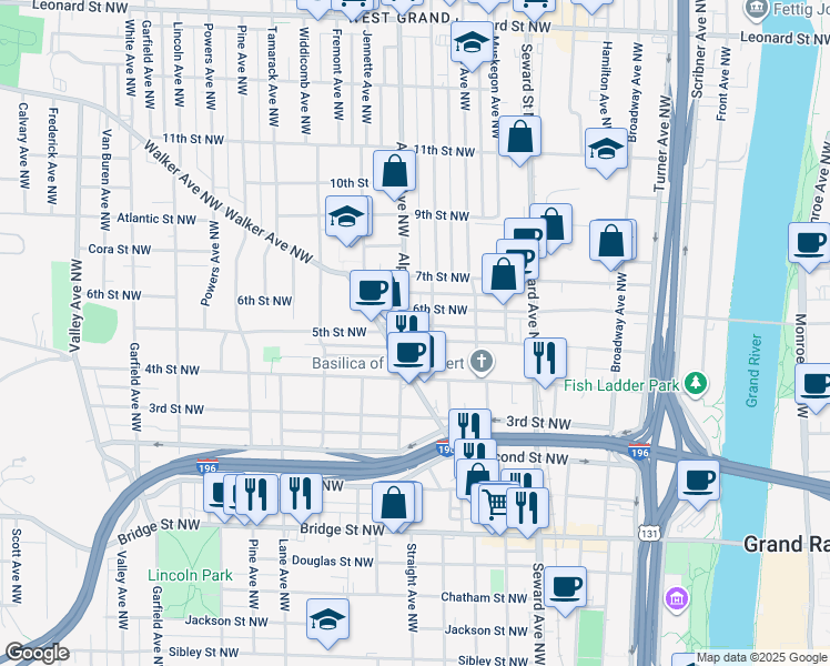 map of restaurants, bars, coffee shops, grocery stores, and more near 763 5th Street Northwest in Grand Rapids