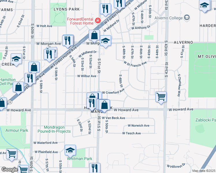 map of restaurants, bars, coffee shops, grocery stores, and more near 5071 Colonial Court in Greenfield