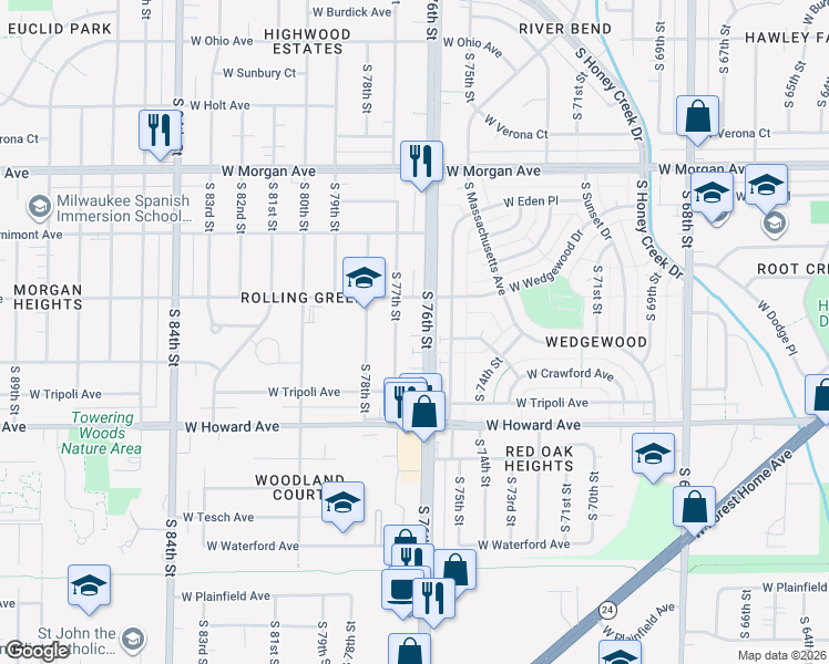 map of restaurants, bars, coffee shops, grocery stores, and more near 3745 South 76th Street in Milwaukee