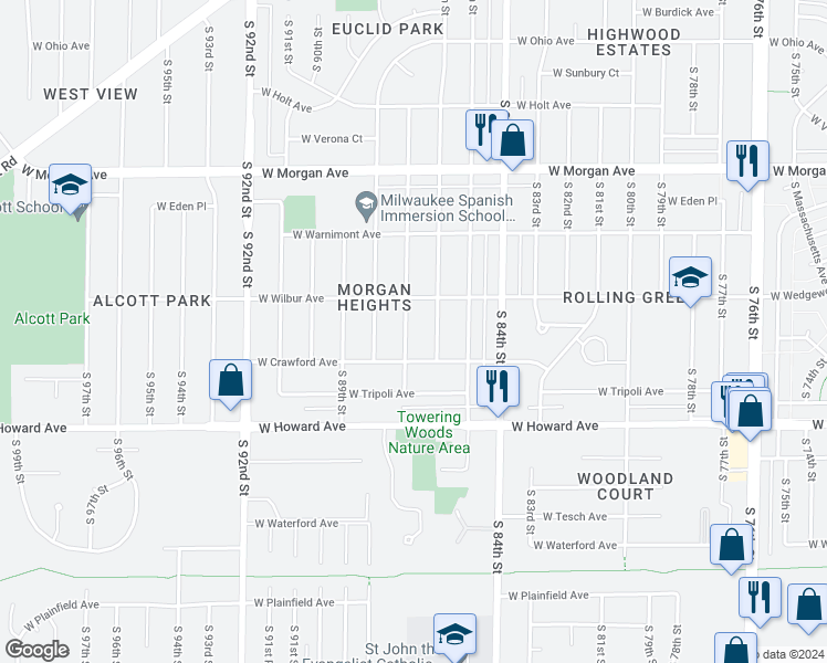 map of restaurants, bars, coffee shops, grocery stores, and more near 3736 South 87th Street in Milwaukee