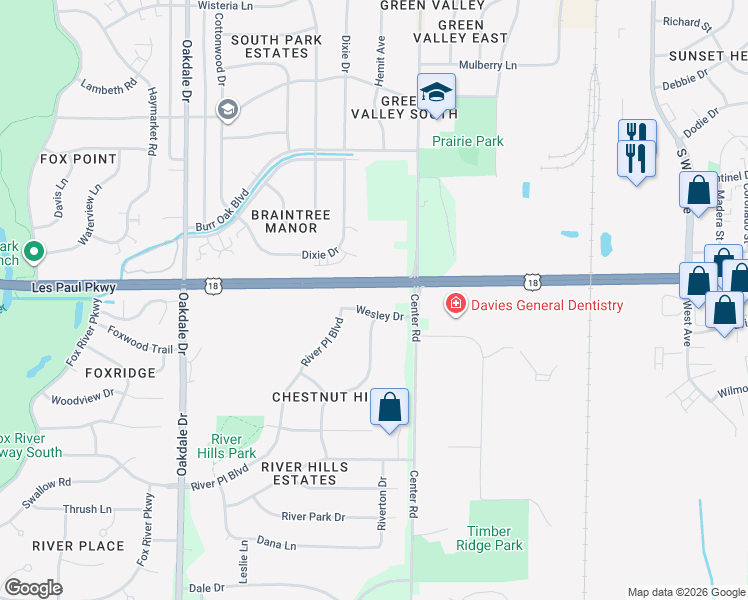 map of restaurants, bars, coffee shops, grocery stores, and more near 926 Wesley Drive in Waukesha