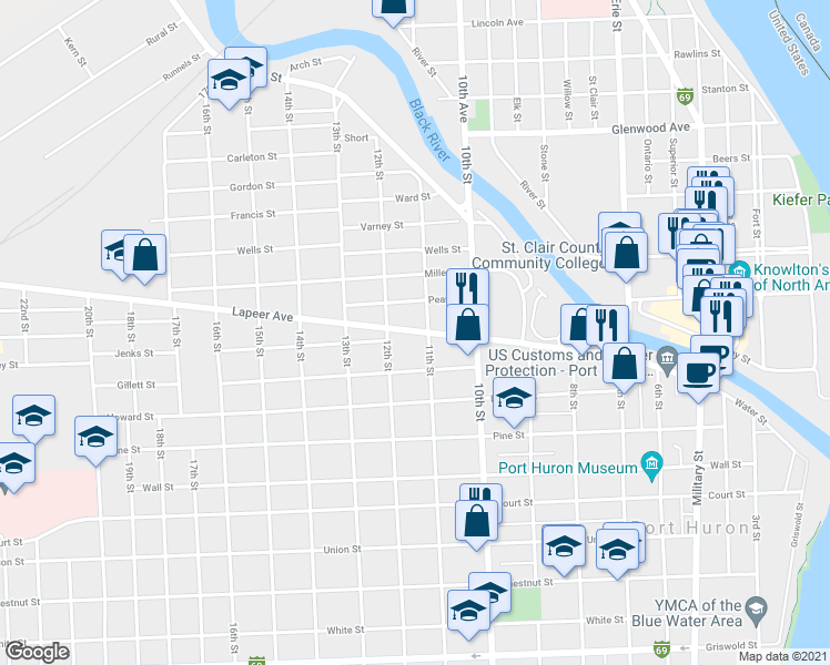 map of restaurants, bars, coffee shops, grocery stores, and more near 1126 Lapeer Avenue in Port Huron