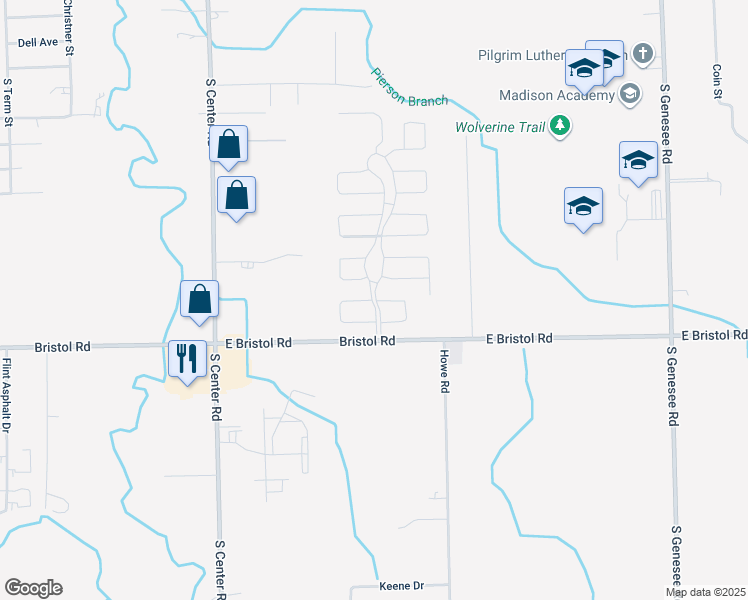 map of restaurants, bars, coffee shops, grocery stores, and more near 3483 Creekside Boulevard in Burton