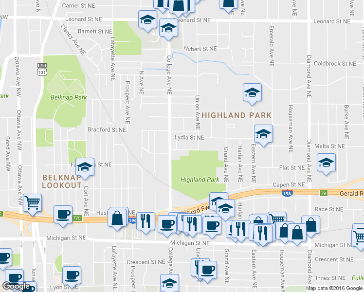 map of restaurants, bars, coffee shops, grocery stores, and more near 525 Bissell Street Northeast in Grand Rapids