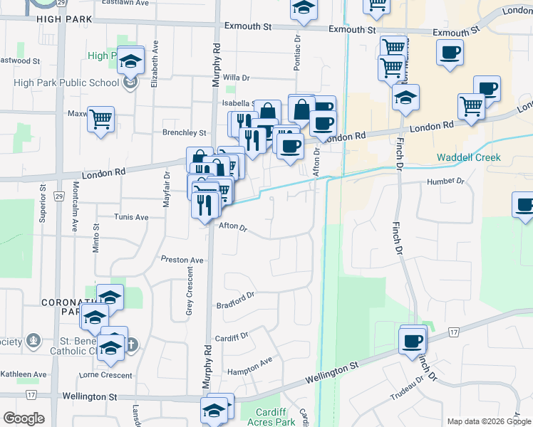 map of restaurants, bars, coffee shops, grocery stores, and more near 1625 Afton Court in Sarnia