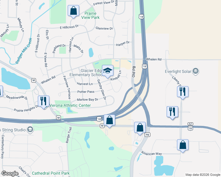 map of restaurants, bars, coffee shops, grocery stores, and more near 720 Schubert Street in Verona