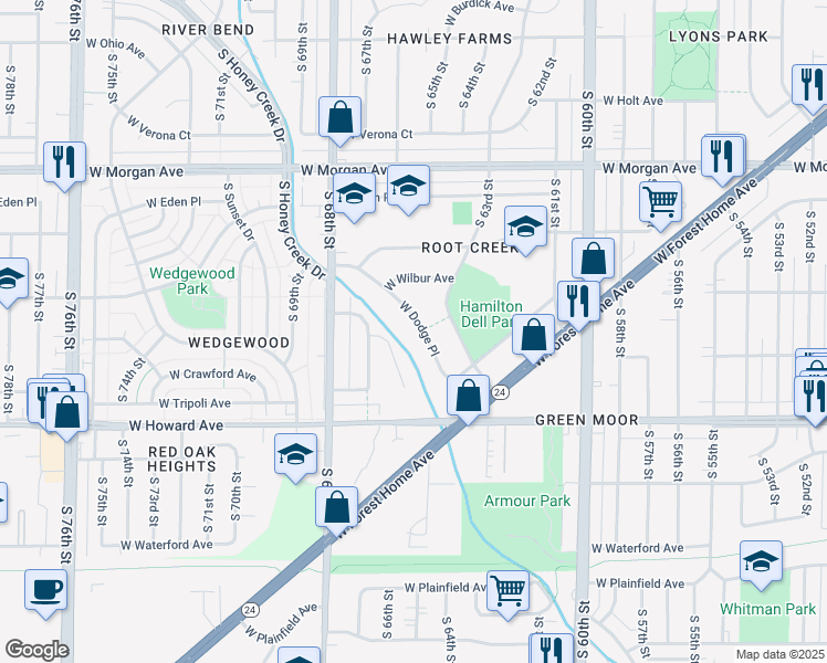 map of restaurants, bars, coffee shops, grocery stores, and more near 6529 West Dodge Place in Milwaukee
