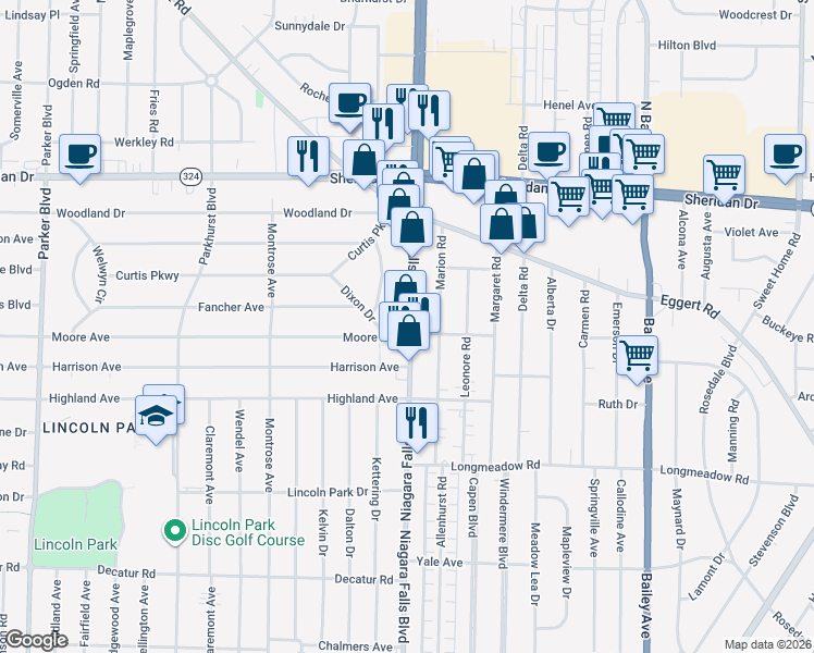 map of restaurants, bars, coffee shops, grocery stores, and more near 820 Niagara Falls Boulevard in Buffalo