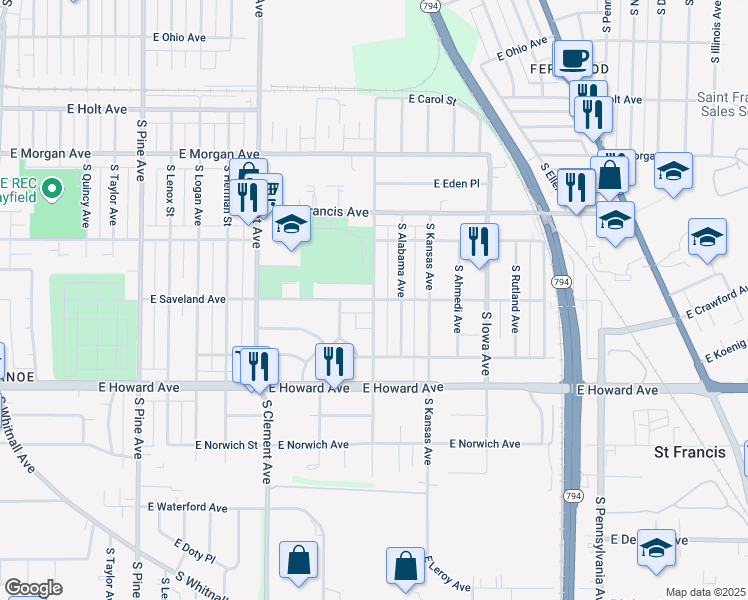 map of restaurants, bars, coffee shops, grocery stores, and more near S Brust Ave & E Saveland Ave in Milwaukee
