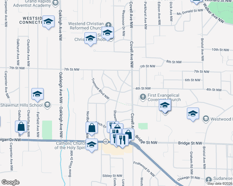 map of restaurants, bars, coffee shops, grocery stores, and more near 2090 Hamstead Road Northwest in Grand Rapids