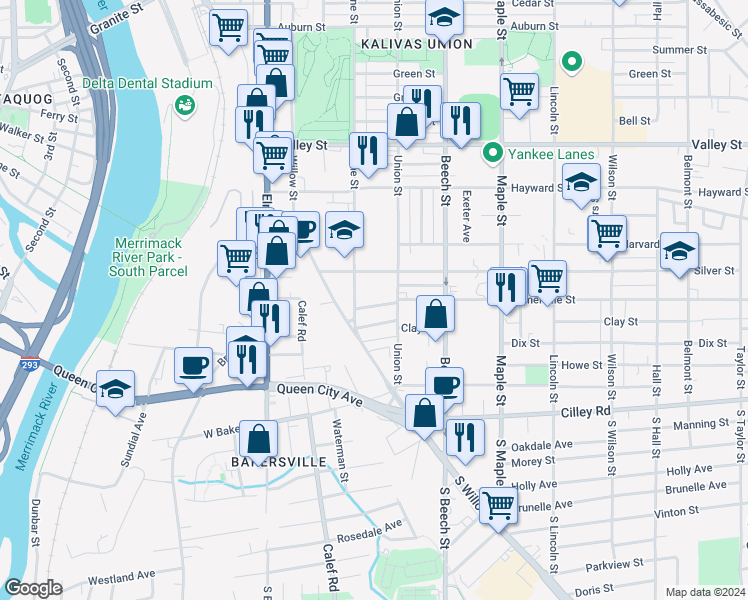 map of restaurants, bars, coffee shops, grocery stores, and more near 36 Plummer Street in Manchester