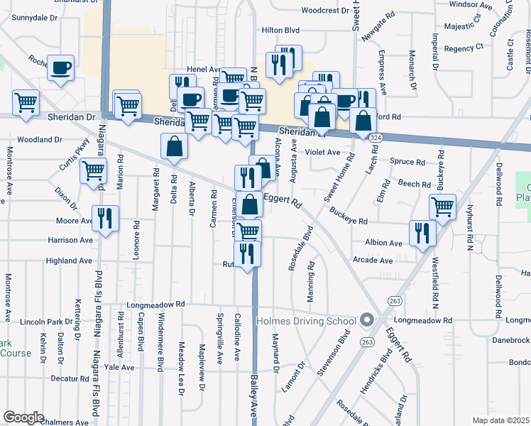 map of restaurants, bars, coffee shops, grocery stores, and more near 4459 Bailey Avenue in Buffalo