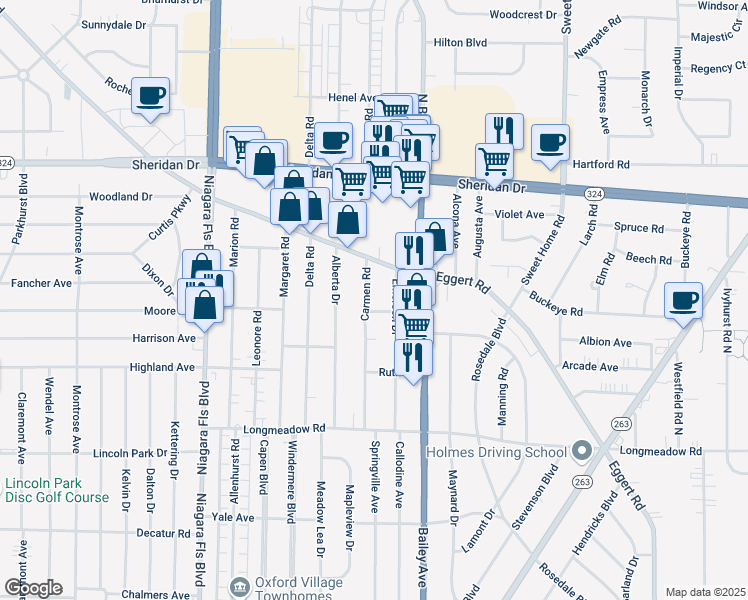 map of restaurants, bars, coffee shops, grocery stores, and more near 143 Carmen Road in Buffalo