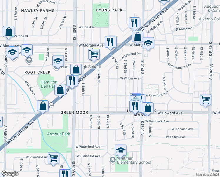 map of restaurants, bars, coffee shops, grocery stores, and more near 3748 South 55th Street in Milwaukee