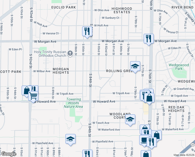 map of restaurants, bars, coffee shops, grocery stores, and more near 8245 West New Jersey Avenue in Milwaukee