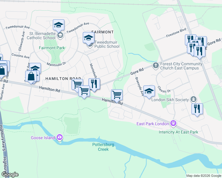 map of restaurants, bars, coffee shops, grocery stores, and more near 1172 Hamilton Road in London
