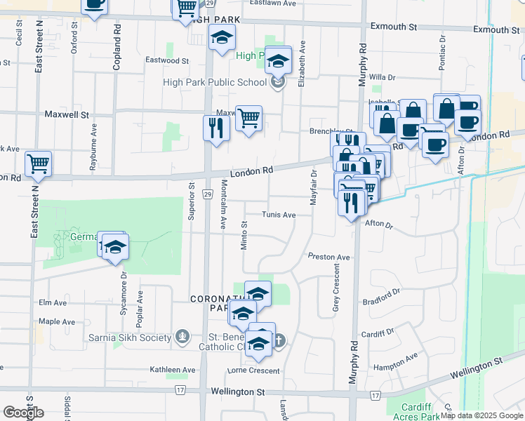 map of restaurants, bars, coffee shops, grocery stores, and more near 26 Tunis Avenue in Sarnia