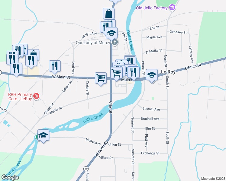 map of restaurants, bars, coffee shops, grocery stores, and more near 17 Clay Street in Le Roy