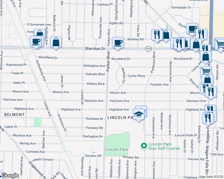 map of restaurants, bars, coffee shops, grocery stores, and more near 424 Moore Ave in Buffalo