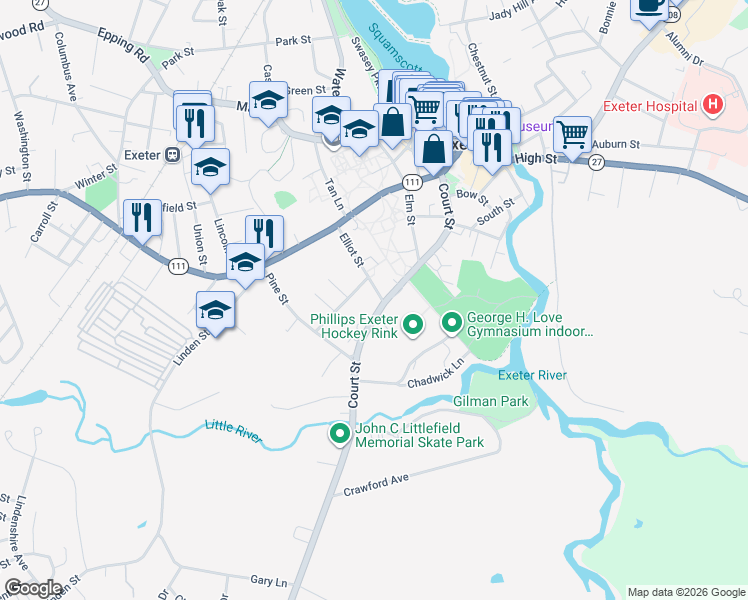 map of restaurants, bars, coffee shops, grocery stores, and more near 31 Elliot Street in Exeter