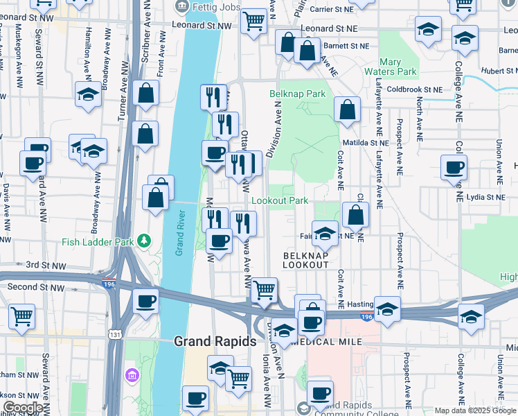map of restaurants, bars, coffee shops, grocery stores, and more near 739 Ionia Avenue Northwest in Grand Rapids