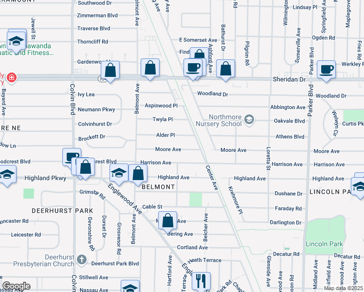 map of restaurants, bars, coffee shops, grocery stores, and more near 108 Moore Avenue in Buffalo