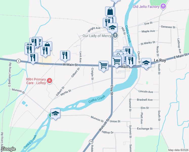 map of restaurants, bars, coffee shops, grocery stores, and more near 17 Craigie St in Le Roy