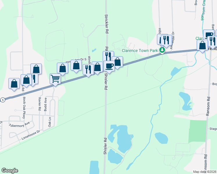map of restaurants, bars, coffee shops, grocery stores, and more near 4765 Shisler Road in Clarence