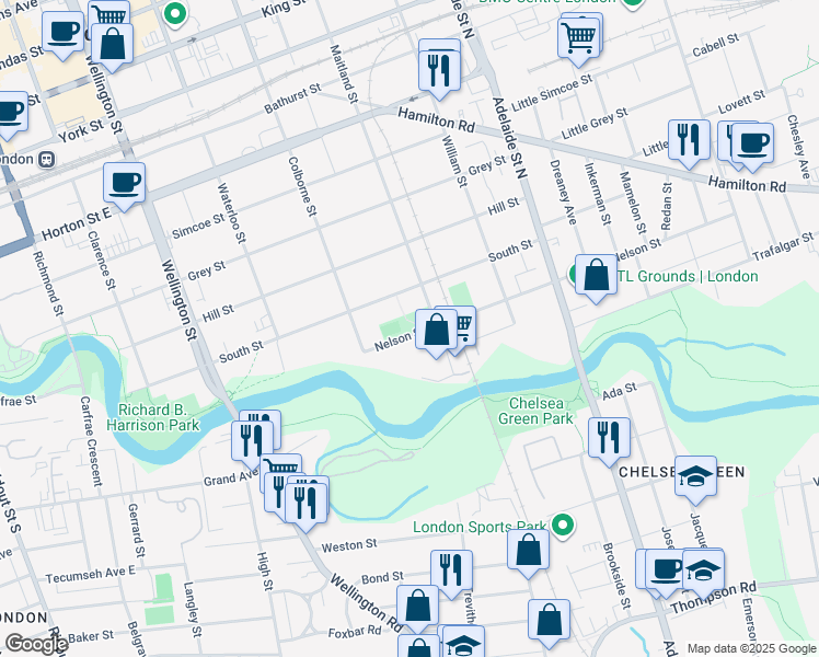 map of restaurants, bars, coffee shops, grocery stores, and more near 450 Nelson Street in London