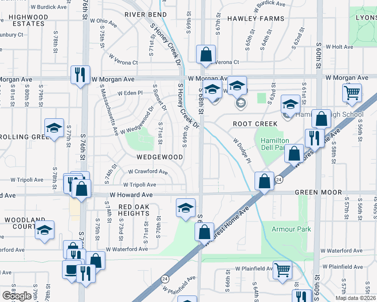 map of restaurants, bars, coffee shops, grocery stores, and more near 3746 South 69th Street in Milwaukee
