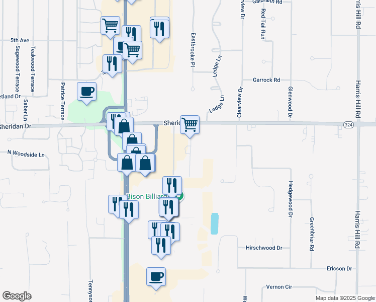 map of restaurants, bars, coffee shops, grocery stores, and more near 8139 Sheridan Drive in Buffalo