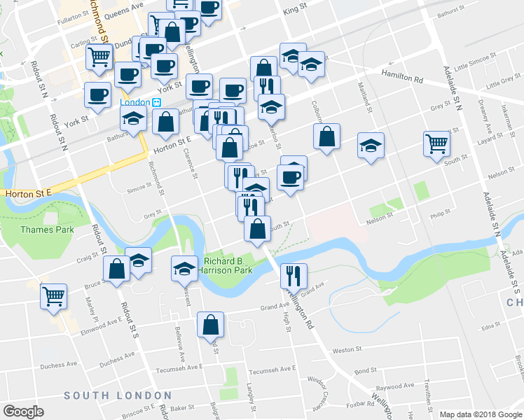 map of restaurants, bars, coffee shops, grocery stores, and more near 281 Hill Street in London
