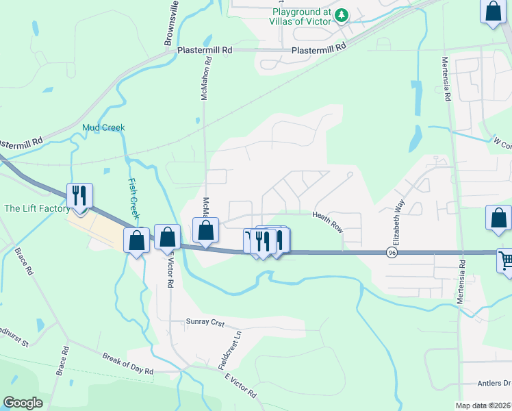 map of restaurants, bars, coffee shops, grocery stores, and more near 1201 Cunningham Drive in Victor