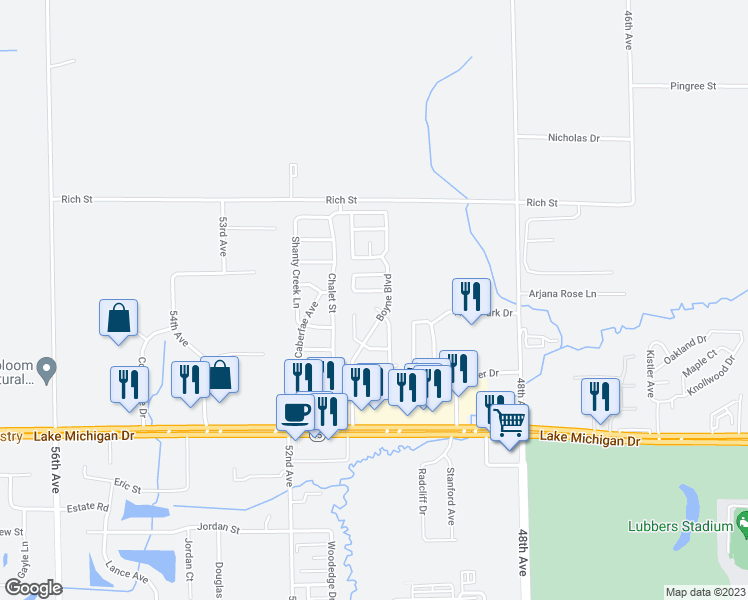 map of restaurants, bars, coffee shops, grocery stores, and more near 5095 Lake Michigan Drive in Allendale Charter Township
