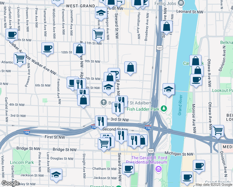 map of restaurants, bars, coffee shops, grocery stores, and more near 601 5th Street Northwest in Grand Rapids