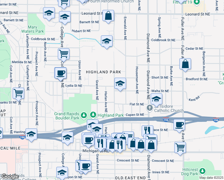 map of restaurants, bars, coffee shops, grocery stores, and more near 749 Eastern Avenue Northeast in Grand Rapids