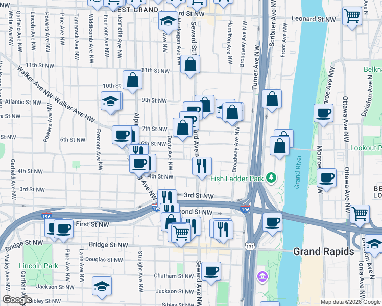 map of restaurants, bars, coffee shops, grocery stores, and more near 601 5th Street Northwest in Grand Rapids