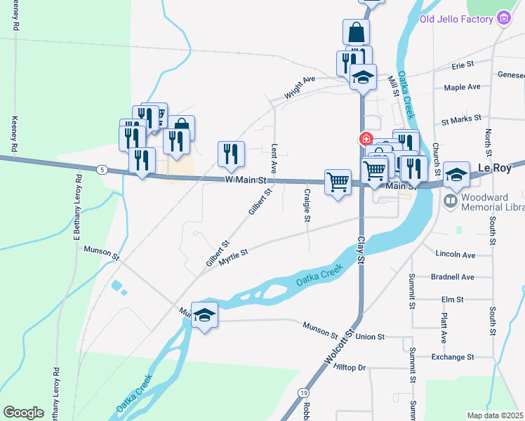 map of restaurants, bars, coffee shops, grocery stores, and more near 19 Gilbert St in Le Roy