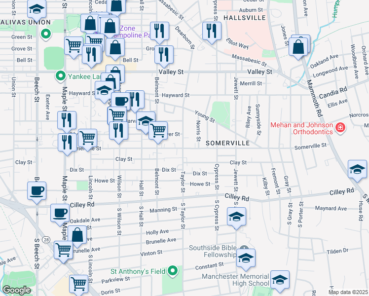 map of restaurants, bars, coffee shops, grocery stores, and more near 826 Somerville Street in Manchester
