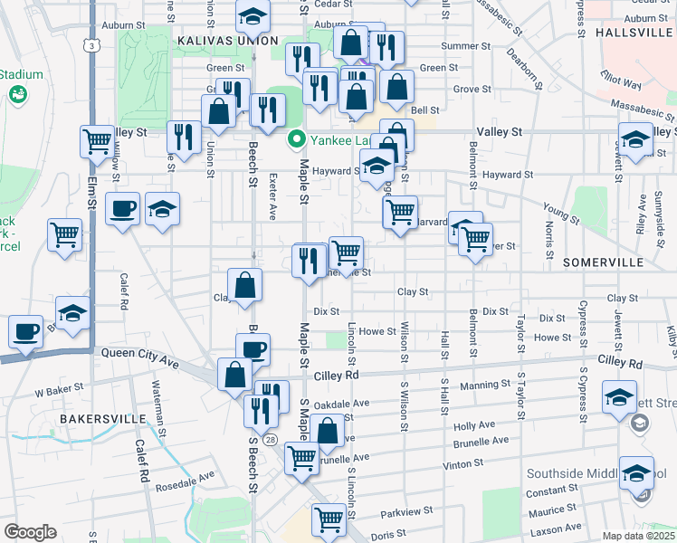 map of restaurants, bars, coffee shops, grocery stores, and more near 487 Somerville Street in Manchester