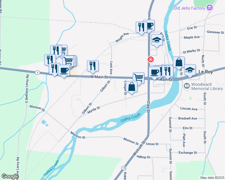map of restaurants, bars, coffee shops, grocery stores, and more near 57 West Main Street in Le Roy