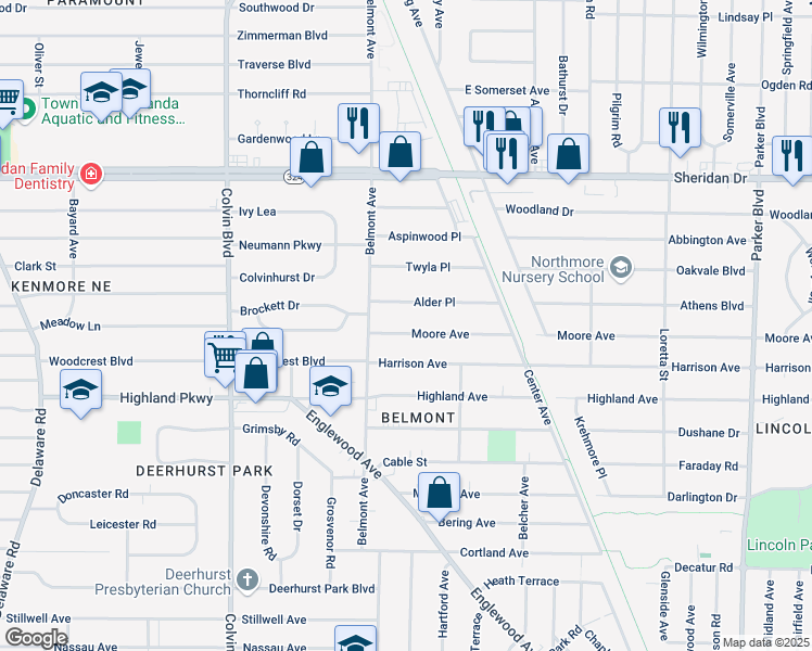 map of restaurants, bars, coffee shops, grocery stores, and more near 26 Moore Avenue in Buffalo