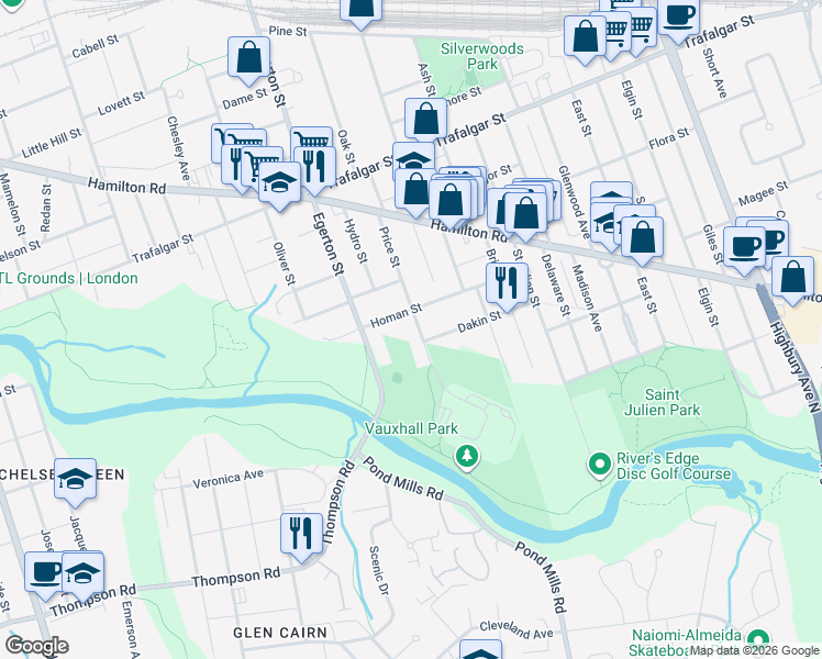 map of restaurants, bars, coffee shops, grocery stores, and more near 71 Price Street in London
